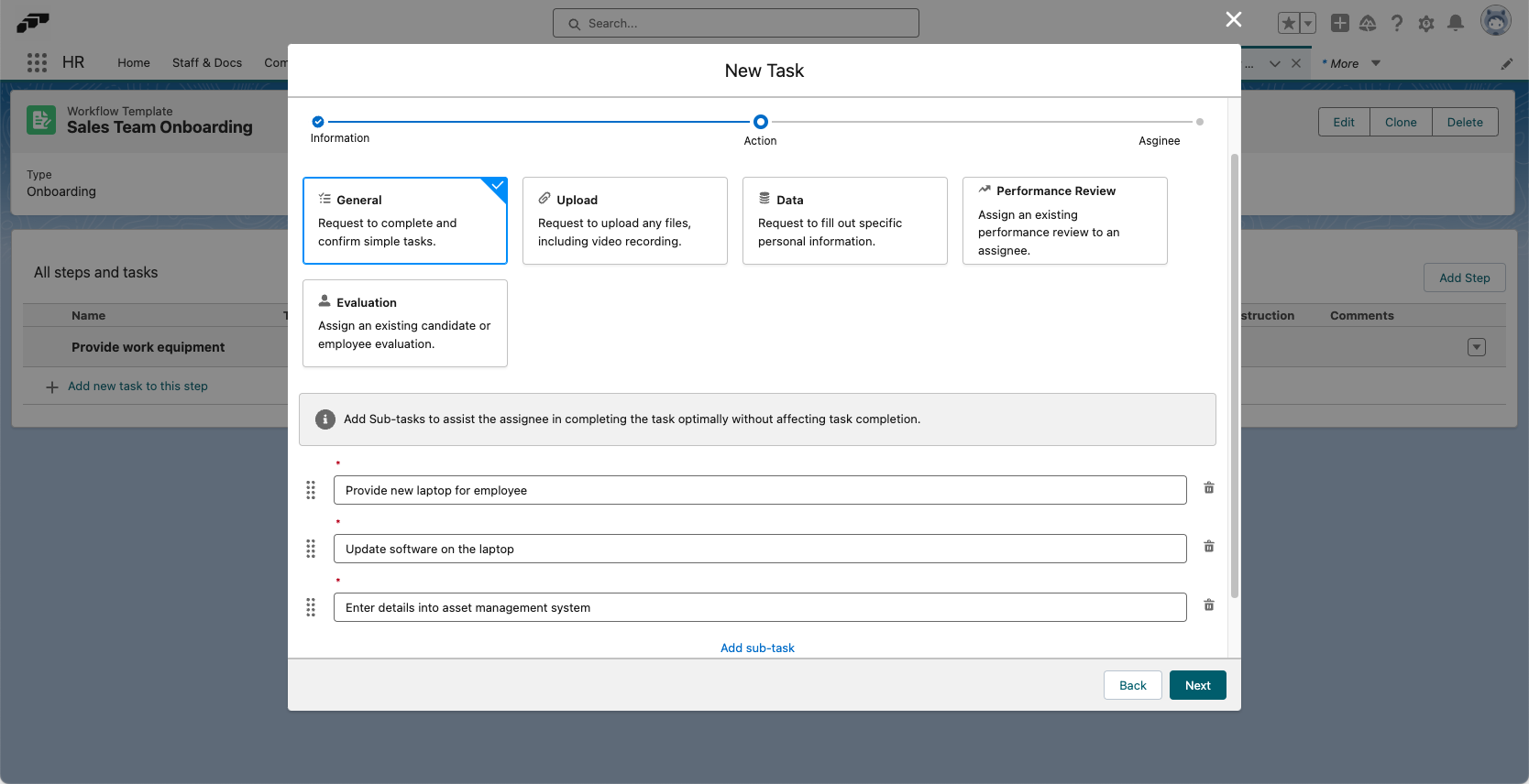 Choose which type of task to create and if needed add subtasks