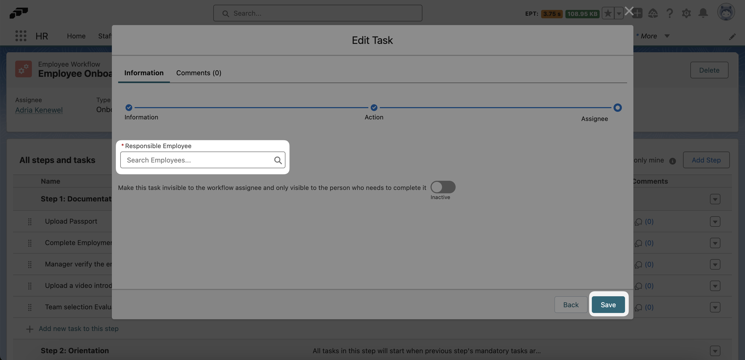 Manually adding an employee responsible for the task can solve the issue