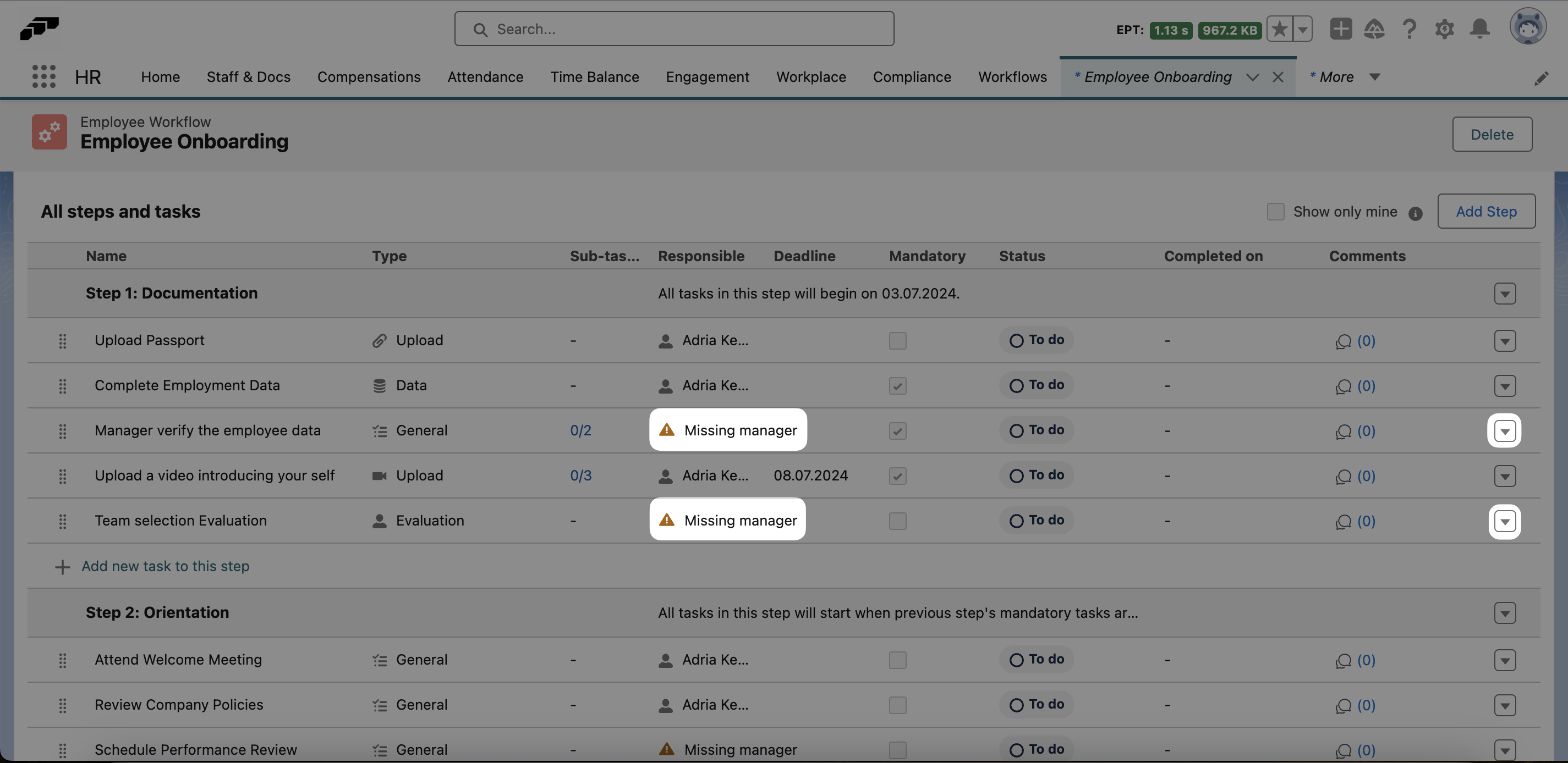 Warning icons indicate workflow tasks with errors like missing information